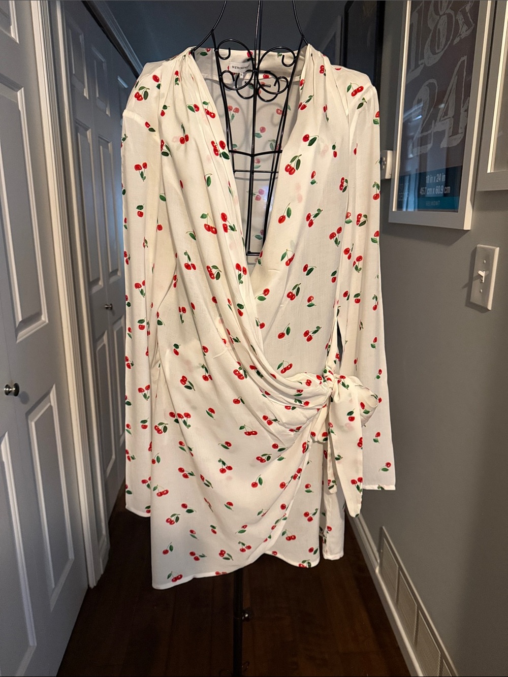 White Cherry-Print Long Sleeve Kimono Wrap Dress with Side Tie